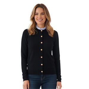 Loft 2024 Navy Gold Button Pale Blue Ruffle Collar Lady Cardigan Sweater Size